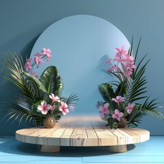 A mockup stage design. A round wooden table with a mirror and plants in the background