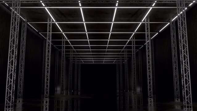 Impressive 3D hall made of truss metals and neon lights, dynamic chasing light, Seamless VJ Loop