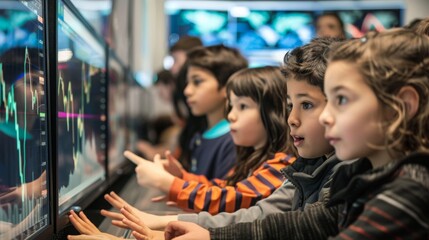 Group of kids watching stock market data on screen with curiosity and interest.