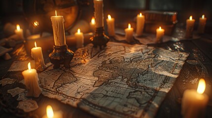 Ancient map exploration by candlelight with detailed coastlines and continents in a historic setting