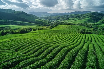 An expansive view of verdant, undulating hills that highlight the serene beauty of the countryside