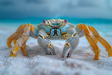 Close-up of a blue crab on the sand in the ocean