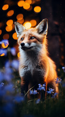 Obraz premium Close-up portrait of a red fox in a night forest. Captivating image of a red fox, illuminated by moonlight, in a dense forest at night. The fox's alertness and curiosity, with its ears perked up