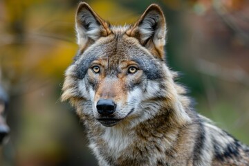 Portrait of grey wolf (Canis lupus) in autumn forest