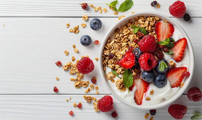 Yogurt with granola and fresh berries. Greek Yogurt with wild organic berries and oatmeal on a wooden table. Farm healthy homemade yogurt. Diet food. Healthy breakfast. Place for text.