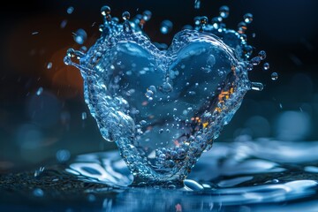 An exquisite macro shot capturing a heart-shaped water sculpture with vivid water droplets frozen in time