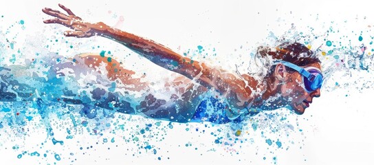 Watercolor painting of a female swimmer in the style of splash paint effect with colorful details against a white background Generative AI