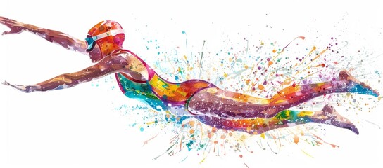 watercolor female swimmer in full gear diving into the water, colorful splash paint on white background Generative AI