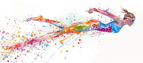 watercolor painting of a female swimmer in a dynamic pose with a colorful paint splash on a white background Generative AI