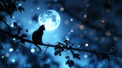 Silhouette of a lone cat perched on a branch under a full moon amidst sparkling leaves.