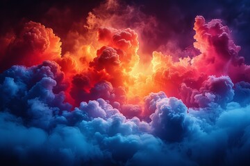 An abstract, intense image of billowing clouds in shades of red and purple giving a sense of a...