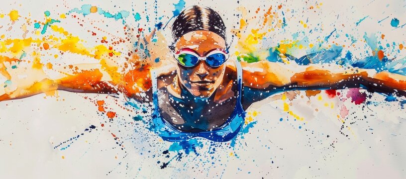 watercolor painting of a female swimmer in the style of splash art against a white background with a splash effect and bright colors Generative AI