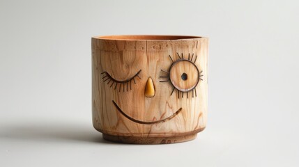 Whimsical wooden cup with cartoon face design