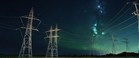 Power Transmission Lines with 3D Digital Visualization of Electricity, Fantastic Visuals of Night Sky Full of Bright Stars, Concept of Renewable Green Energy Powering Human Progress