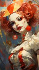Vintage illustrated female clown, vintage female clown, illustrated woman clown