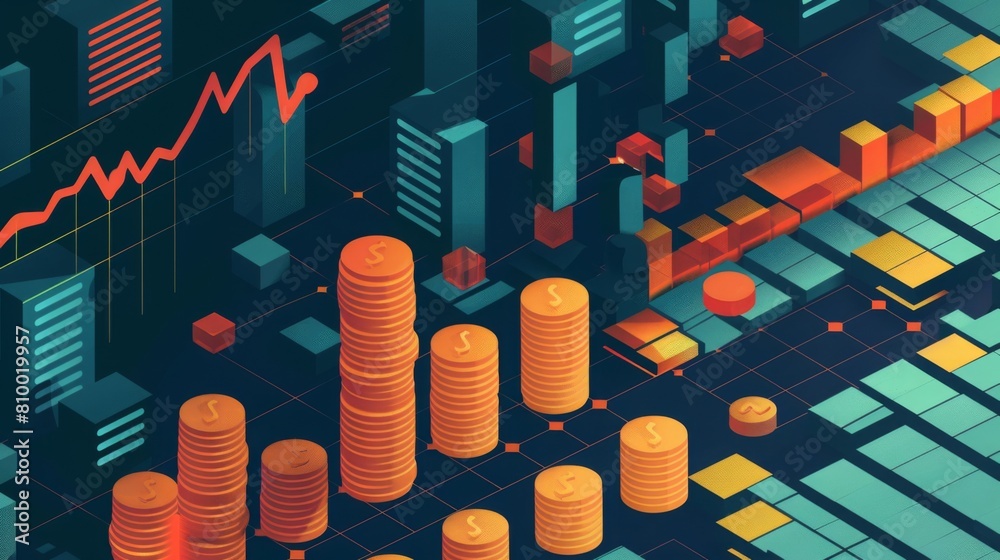 Poster stacks of coins alongside a graph representing financial growth, set against a dark background.