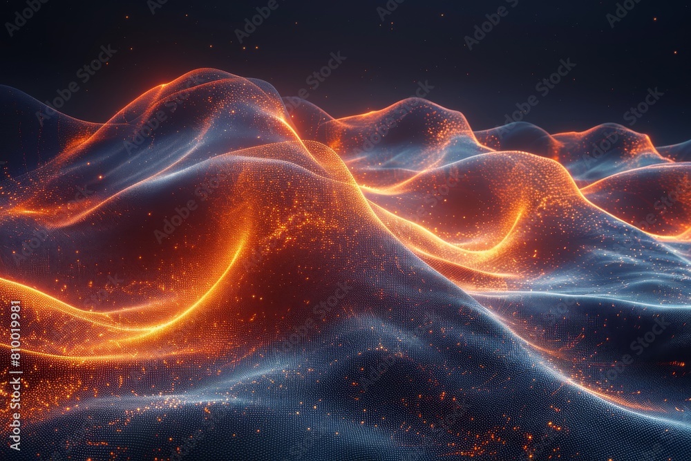 Poster fiery wave-like digital pattern with vibrant orange light creating a dynamic visual
