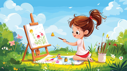 Kid Girl painting a picture Vector style vector design