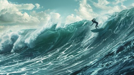 A man riding a wave on top of a surfboard. Suitable for sports and adventure concepts