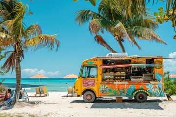 A vibrantly colored food truck serving tacos on a sunny beach, with palm trees swaying and beach umbrellas in the distance.