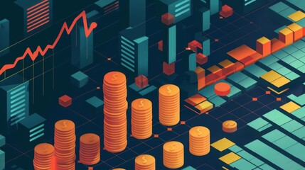 Stacks of coins alongside a graph representing financial growth, set against a dark background.