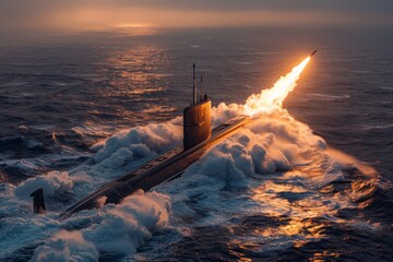 Obraz premium Dramatic image showcasing a submarine surfacing as it fires a missile into the sky during sunset