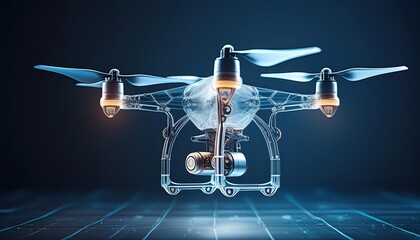 Transparent wireframe of a drone hovering on a dark background, representing innovative technology