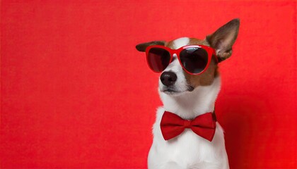 Stylish dog with sunglasses and bowtie on vibrant red background
