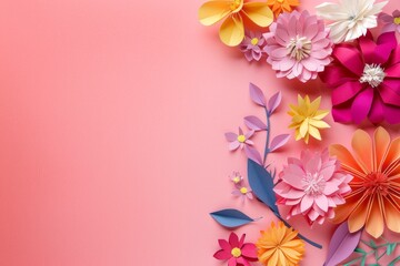 Colorful paper flowers on pink background