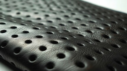 A close up of a black leather purse with holes.