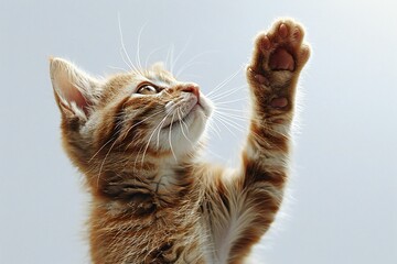 Ginger kitten raised his paw up in the air on a white background