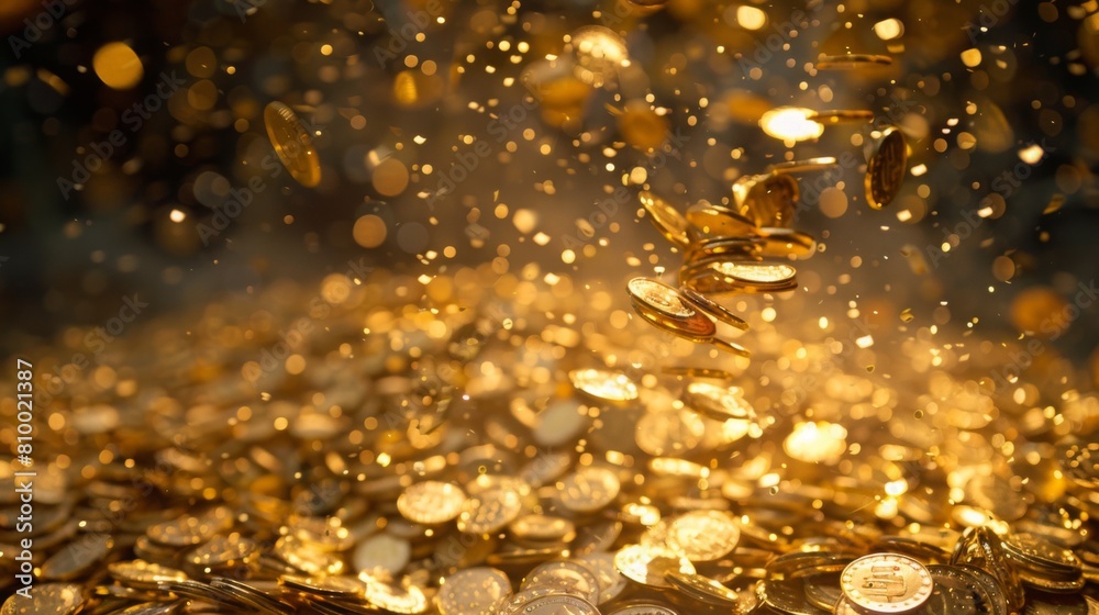 Aufkleber a stack of gold coins cascading from the sky, symbolizing a sudden financial windfall or abundance.