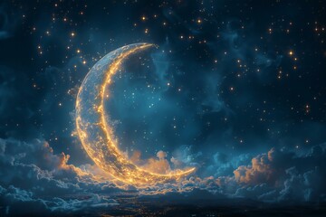 Night sky with stars and crescent moon,  illustration