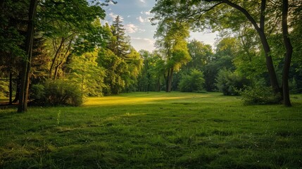beautiful park with a meadow and wooded area at sunrise in high resolution and high quality