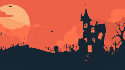 Spooky haunted house silhouette against an orange sky with full moon and flying bats