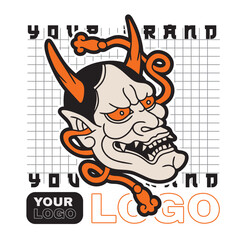 Japanese Demon Oni Mask Logo Design vector illustration	
