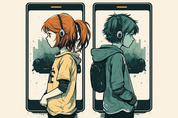 Gadget addiction. Teens in headphones standing back to back not noticing each other