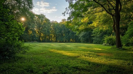 Fototapeta premium Beautiful park with a meadow and wooded area at sunrise in high resolution and high quality. parks concept