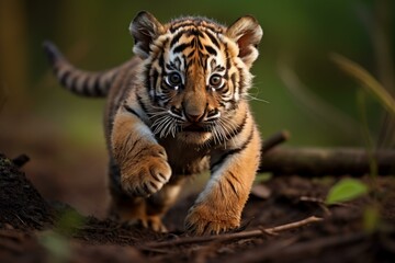 Obraz premium Tiger cub playing. Safari wild eyes. Generate Ai