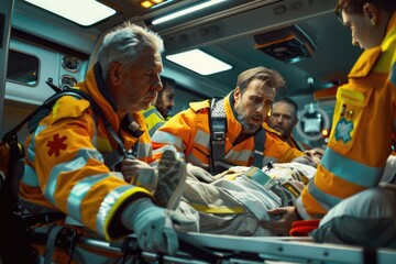 A group of men in yellow jackets standing around a person on a stretcher. Suitable for medical, emergency, or rescue concepts