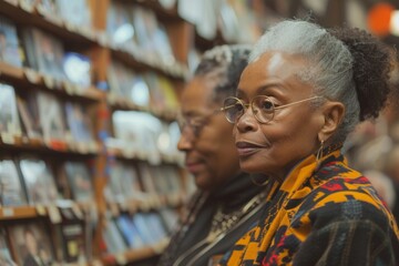 Two elderly women with glasses explore a library, sharing a moment of intellectual connection and learning.