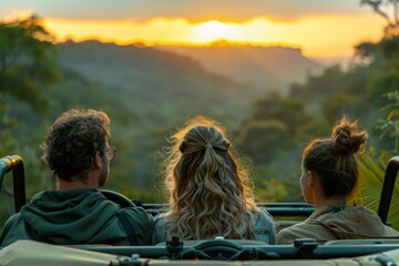 A serene sunset view of a couple enjoying a safari in the wilderness, emphasizing eco-tourism.