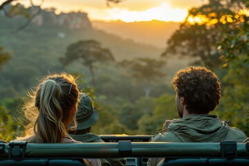 A serene sunset view of a couple enjoying a safari in the wilderness, emphasizing eco-tourism.