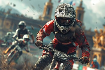Dynamic BMX racing scene, two mud-splattered riders competing with intense focus against a vibrant cityscape, emphasizing speed and competition.