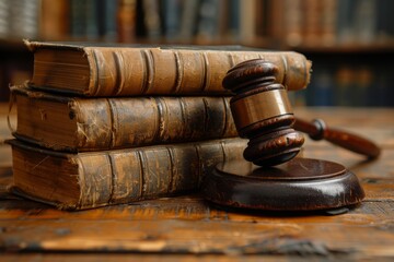 A traditional wooden gavel and worn law books on a desk, symbolizing legal authority and the history of law.
