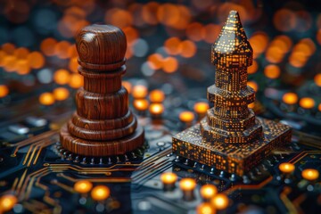 A conceptual illustration of a chess piece and gavel on a circuit board, blending law and technology themes.