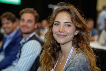 Smiling woman attending a conference, focused and engaged, representing active participation and enthusiasm in a professional setting.