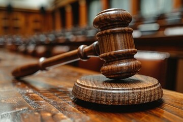 A close-up of a classic wooden gavel in a courtroom, sharply focused with blurred rows of seats in the background, symbolizing law and order.