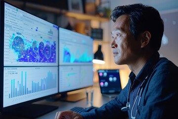 A focused data analyst examining complex data visualizations on multiple screens in a dark office setting.