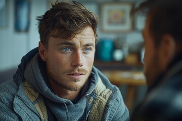 A close-up portrait of a young man looking thoughtful, with soft focus on the background, reflecting introspection.